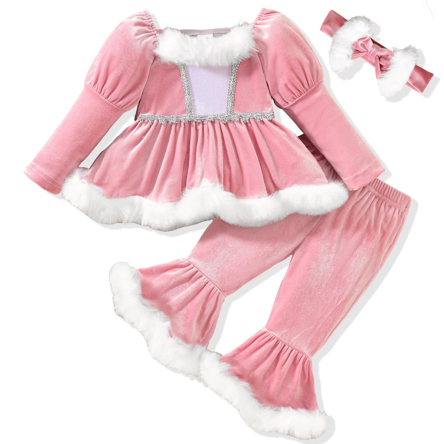Toddler Christmas 3-Piece Outfit With Plush Trim Top Pants Headband
