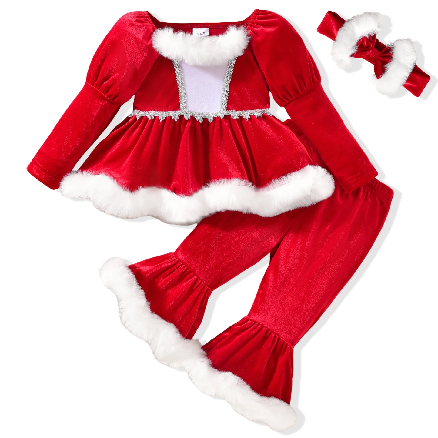 Toddler Christmas 3-Piece Outfit With Plush Trim Top Pants Headband