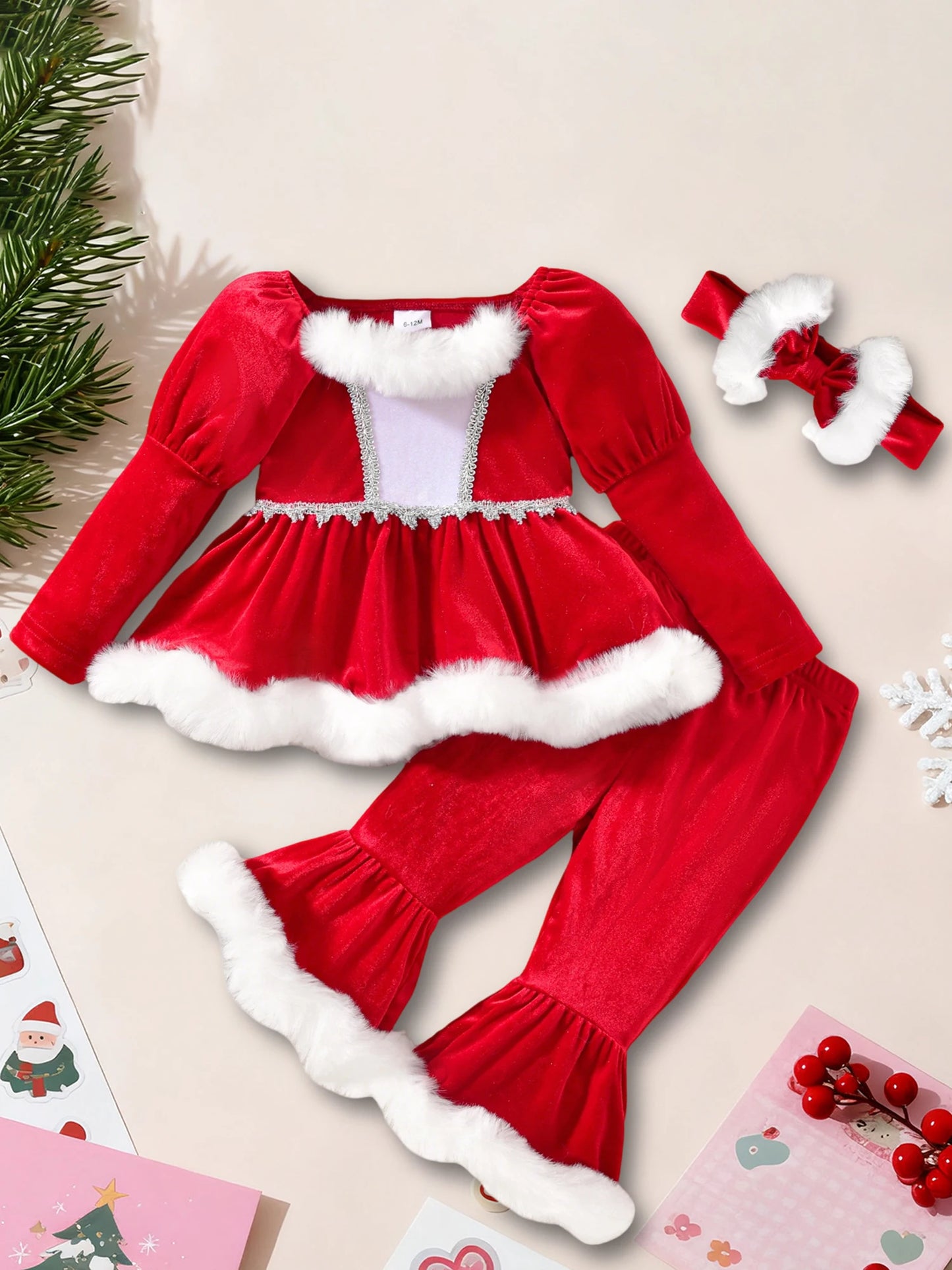 Toddler Christmas 3-Piece Outfit With Plush Trim Top Pants Headband