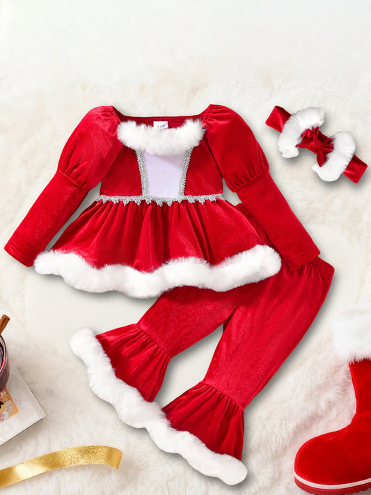 Toddler Christmas 3-Piece Outfit With Plush Trim Top Pants Headband