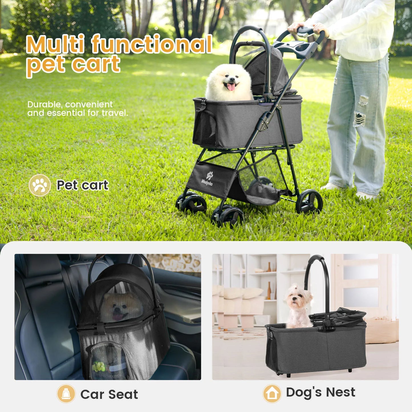 Wedyvko Luxury Detachable Pet Stroller Four-Wheel Cup Holder