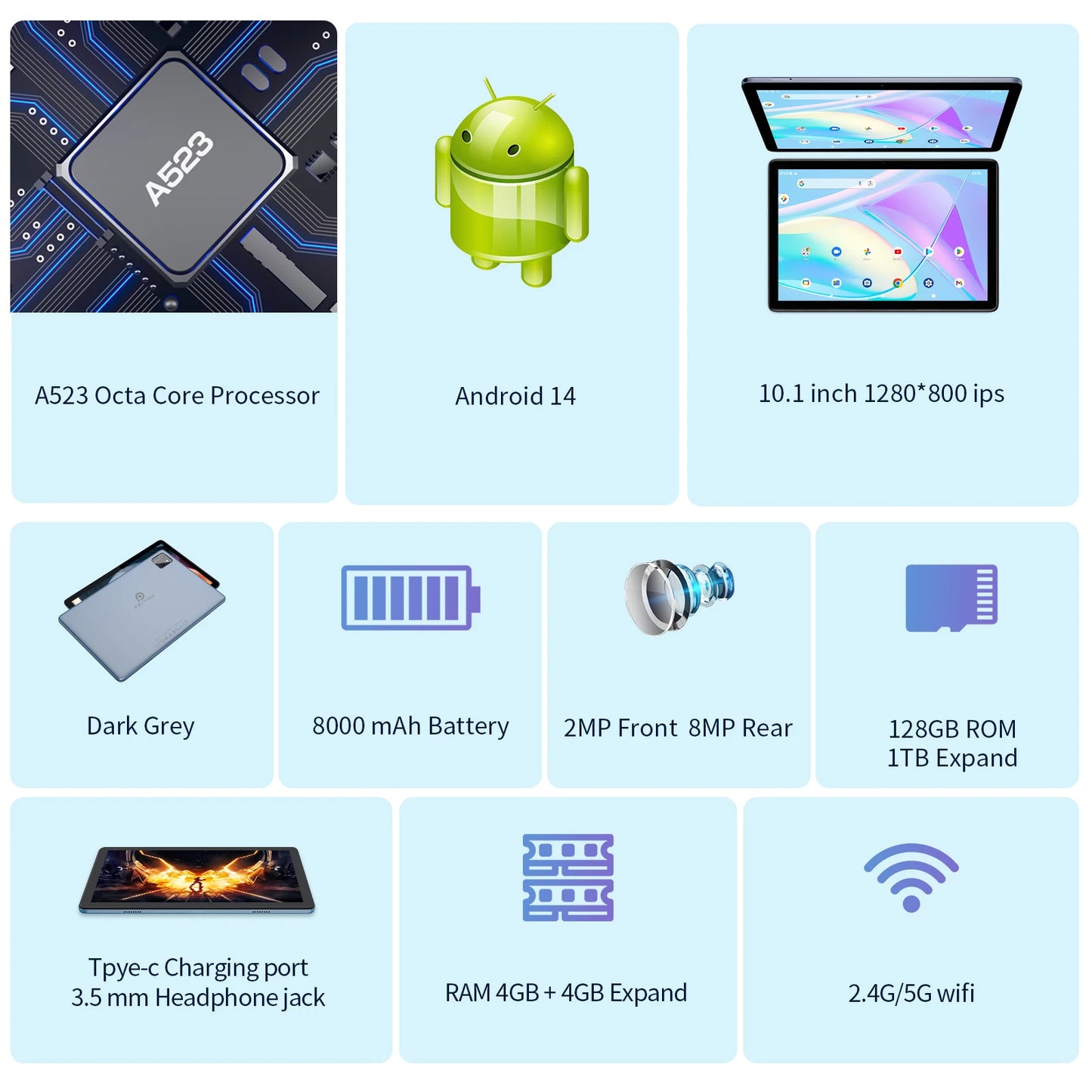 Pritom Android Tablet With Keyboard Mouse Case Bundle 8GB RAM 128GB ROM