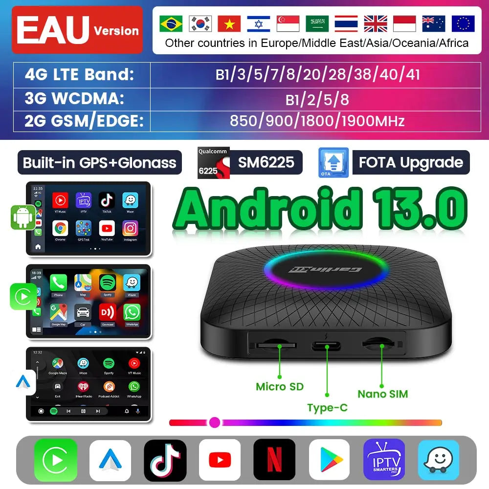 Carlinkit Android 13 AI Box Wireless CarPlay Android Auto Adapter Qualcomm 6225