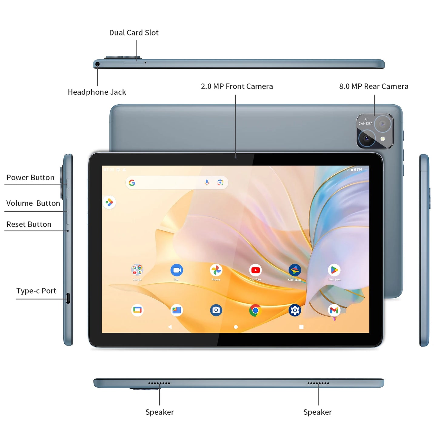 Pritom Android Tablet With Keyboard Mouse Case Bundle 8GB RAM 128GB ROM