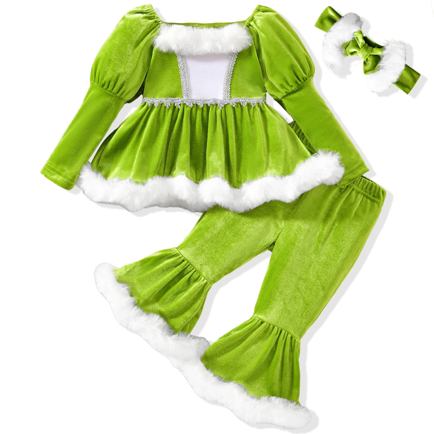 Toddler Christmas 3-Piece Outfit With Plush Trim Top Pants Headband