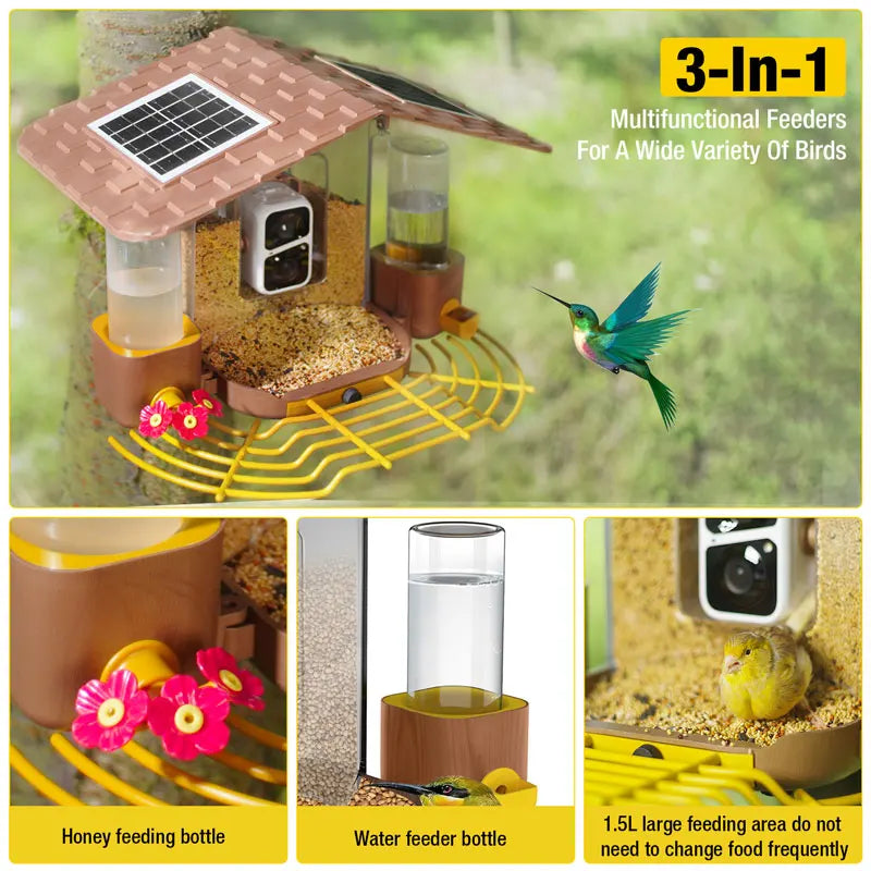 Smart Bird Feeder with Camera - 1080P HD, AI Bird Identification, Solar Powered, IP65 Weatherproof