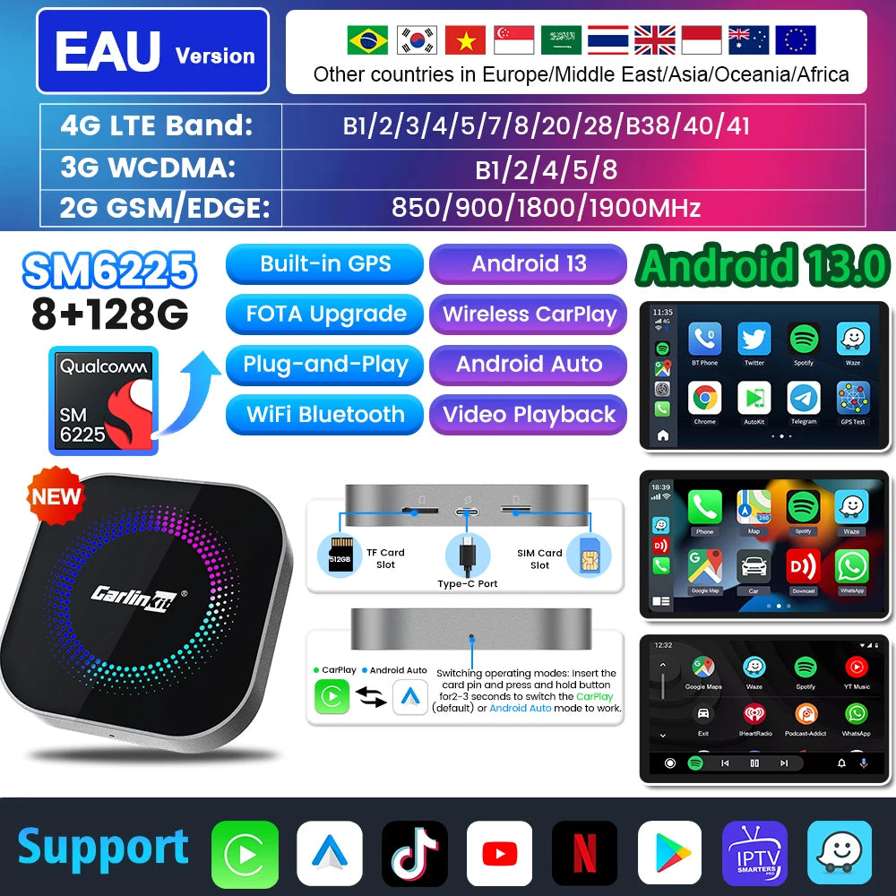 Carlinkit Android 13 AI Box Wireless CarPlay Android Auto Adapter Qualcomm 6225