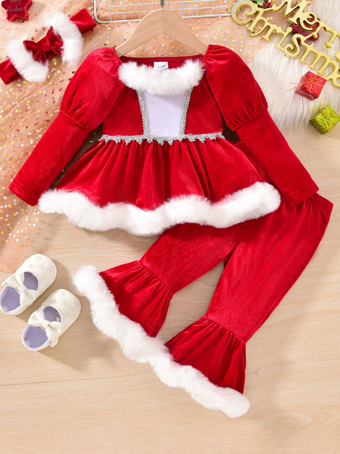 Toddler Christmas 3-Piece Outfit With Plush Trim Top Pants Headband