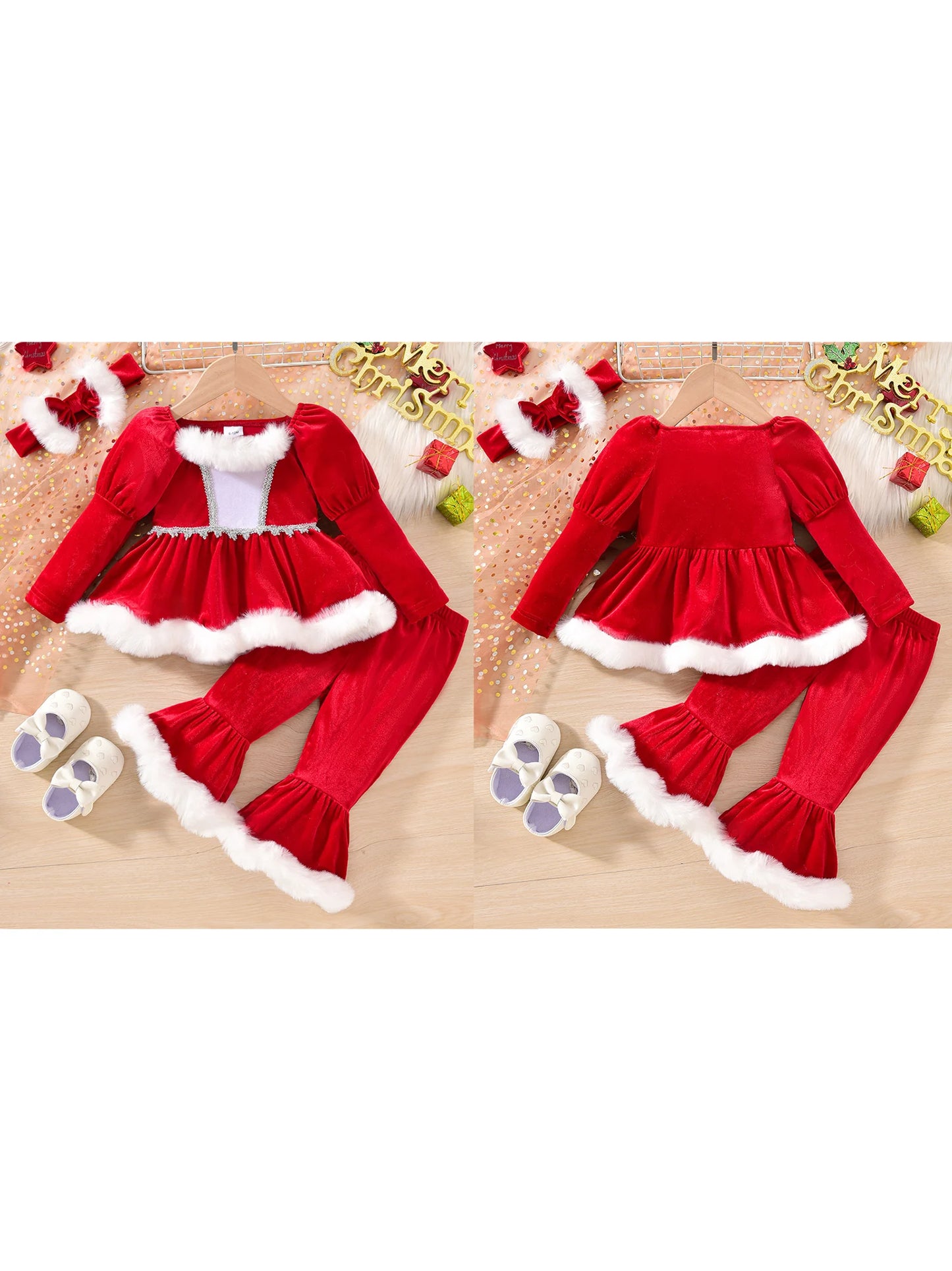 Toddler Christmas 3-Piece Outfit With Plush Trim Top Pants Headband