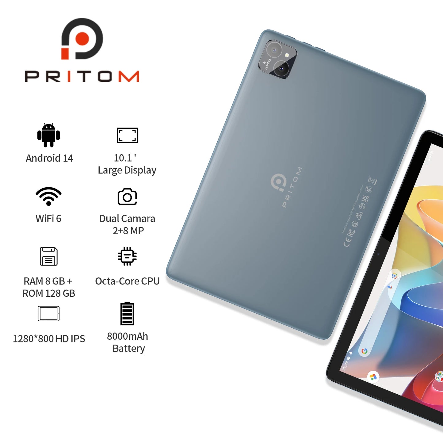 Pritom Android Tablet With Keyboard Mouse Case Bundle 8GB RAM 128GB ROM