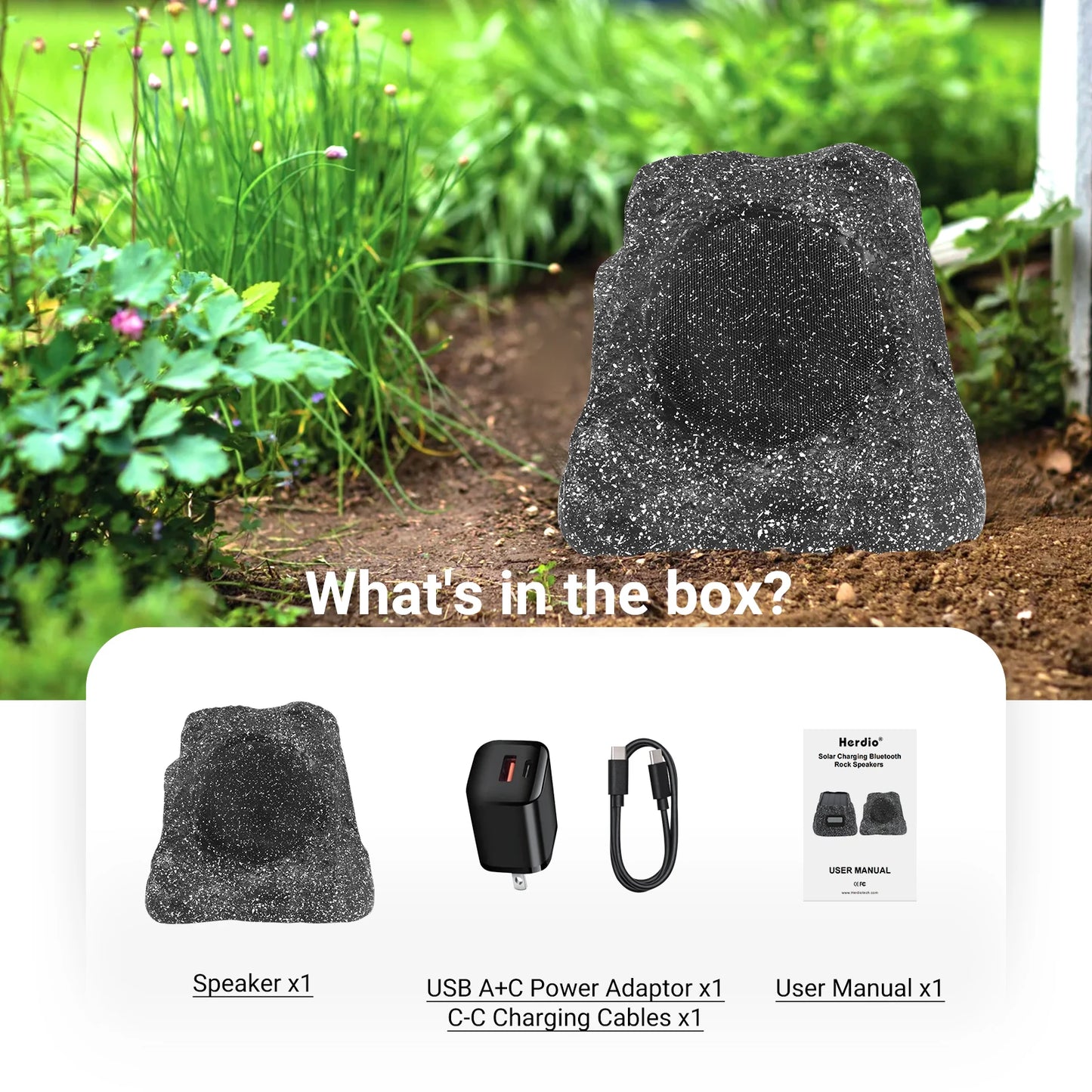 Herdio Outdoor 120W Solar Bluetooth Rock Speakers IPX7 Waterproof