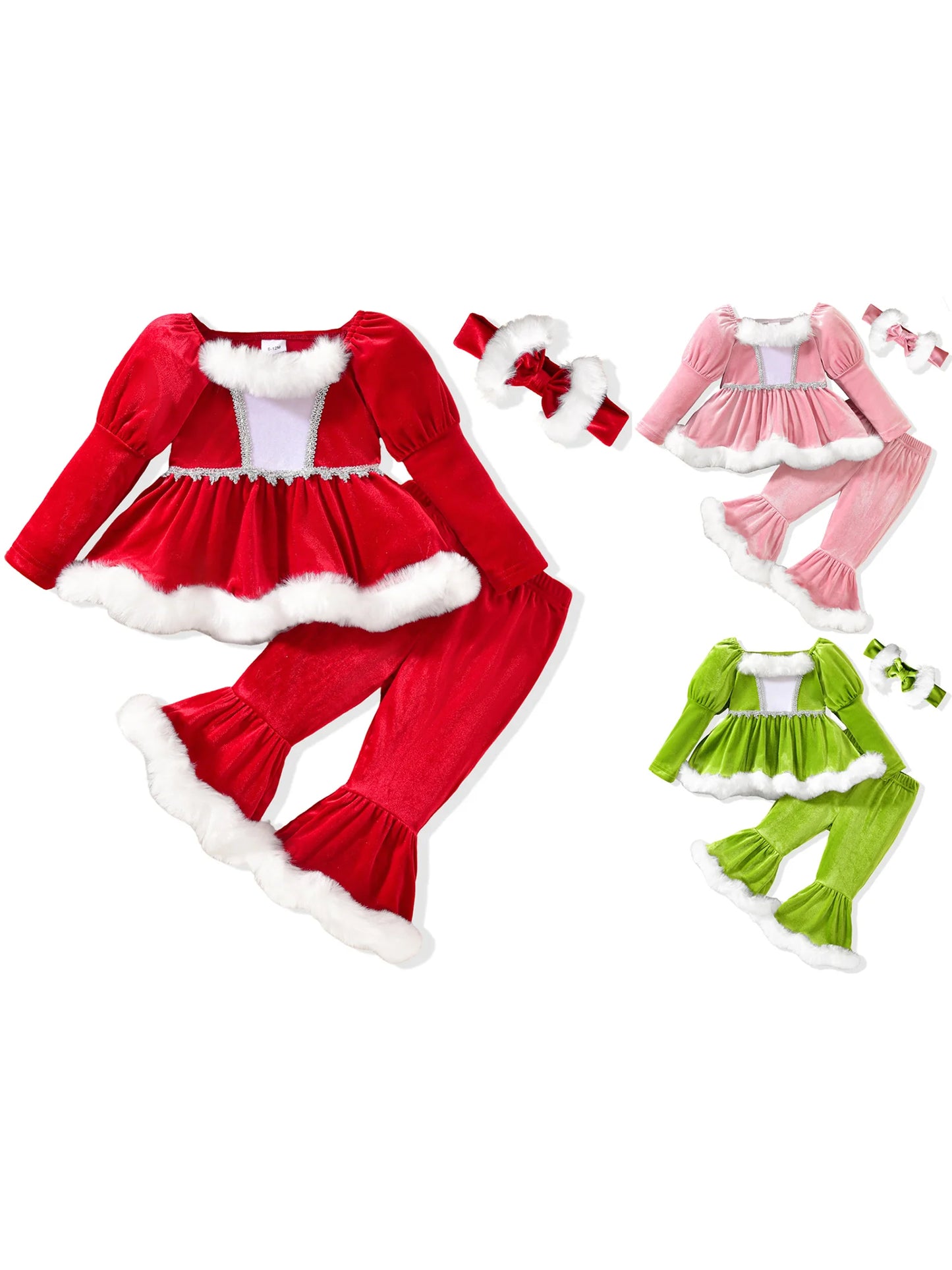 Toddler Christmas 3-Piece Outfit With Plush Trim Top Pants Headband